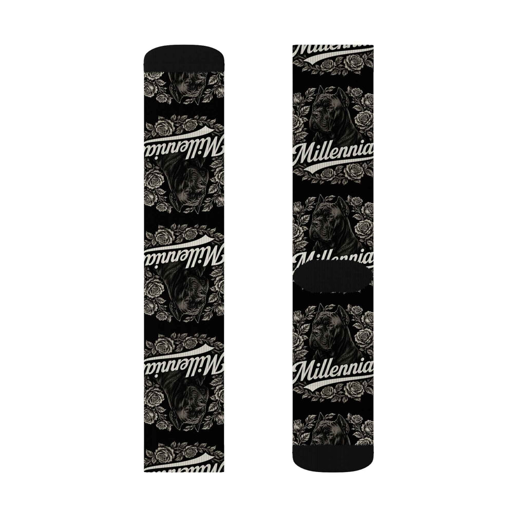 Millennia Floral Logo Socks — Black Sublimation Crew Socks