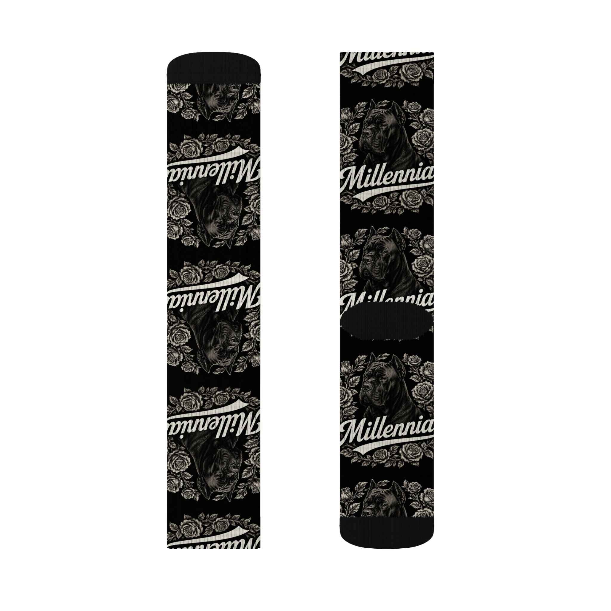 Millennia Floral Logo Socks — Black Sublimation Crew Socks