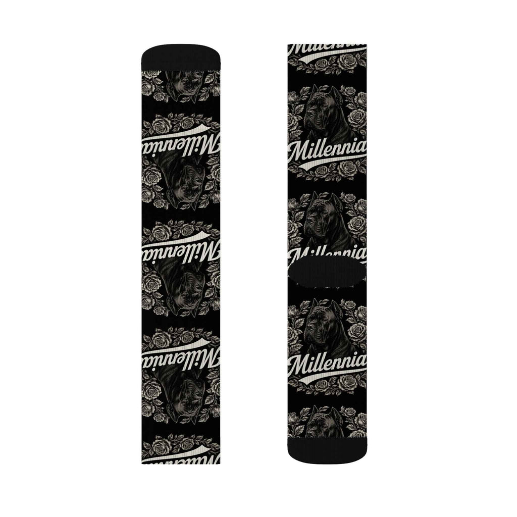 Millennia Floral Logo Socks — Black Sublimation Crew Socks