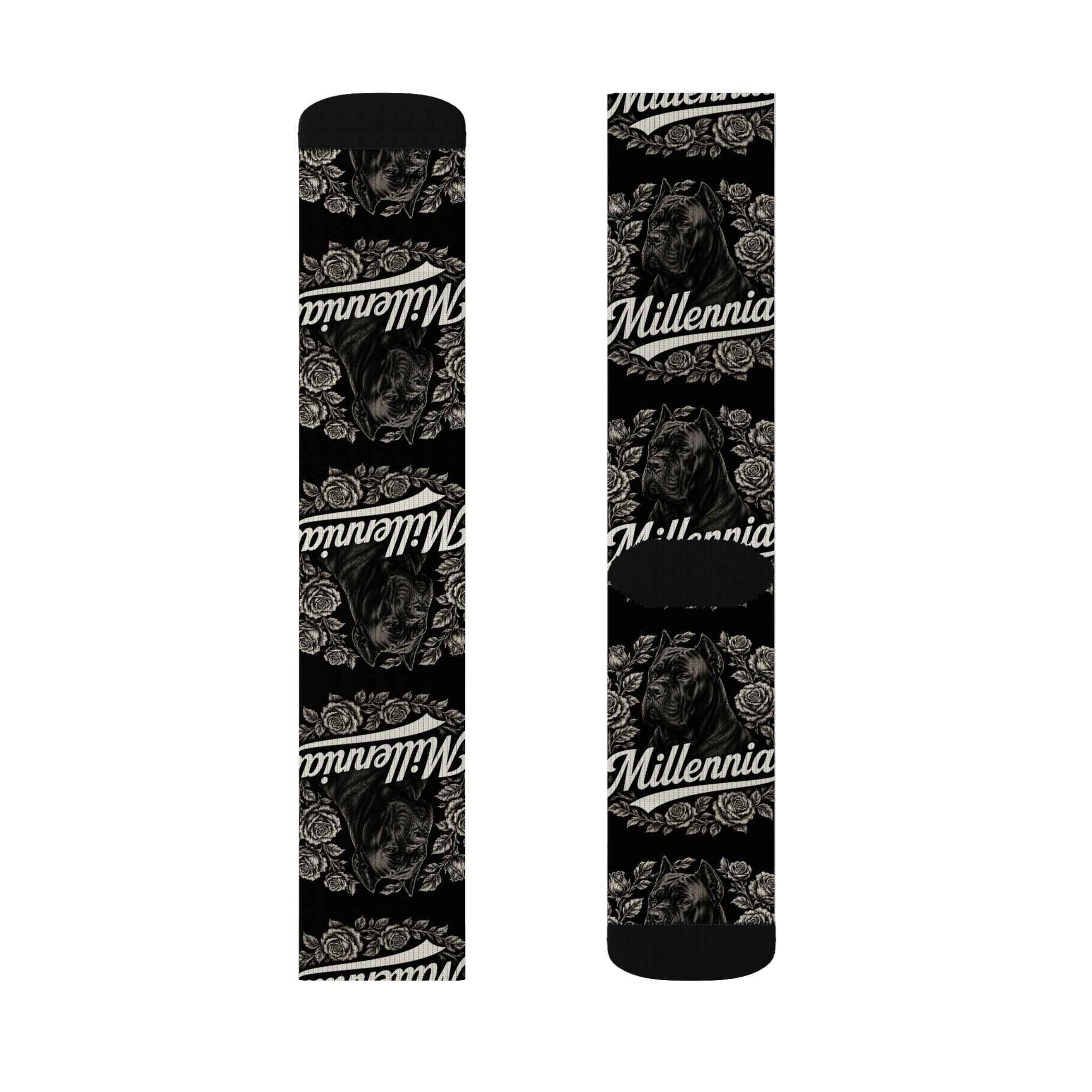 Millennia Floral Logo Socks — Black Sublimation Crew Socks