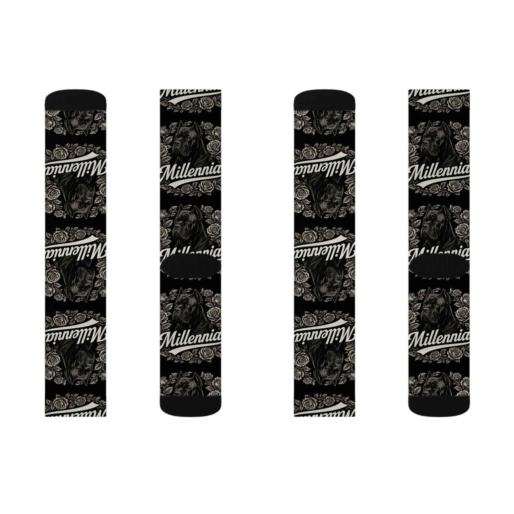 Millennia Floral Logo Socks — Black Sublimation Crew Socks