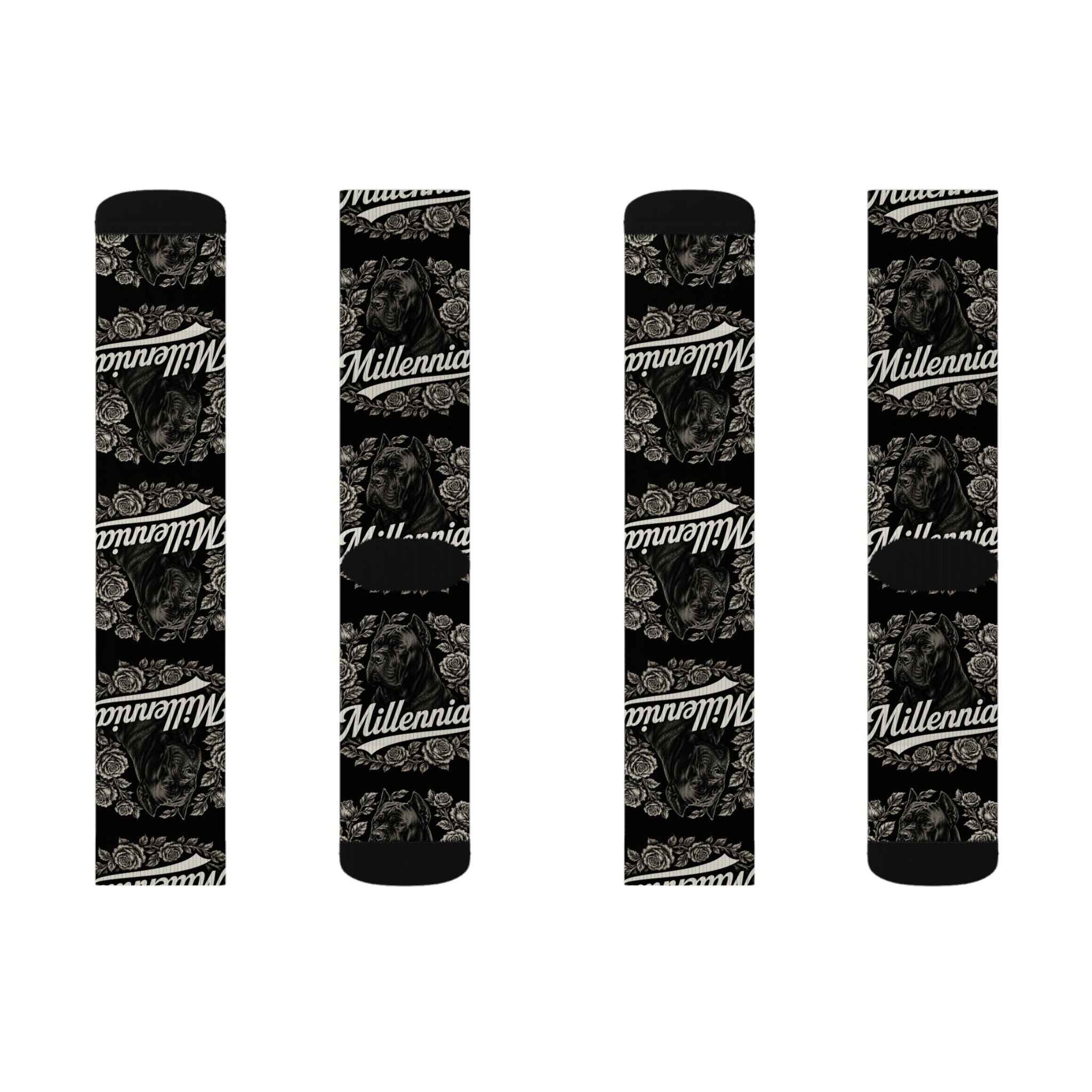 Millennia Floral Logo Socks — Black Sublimation Crew Socks